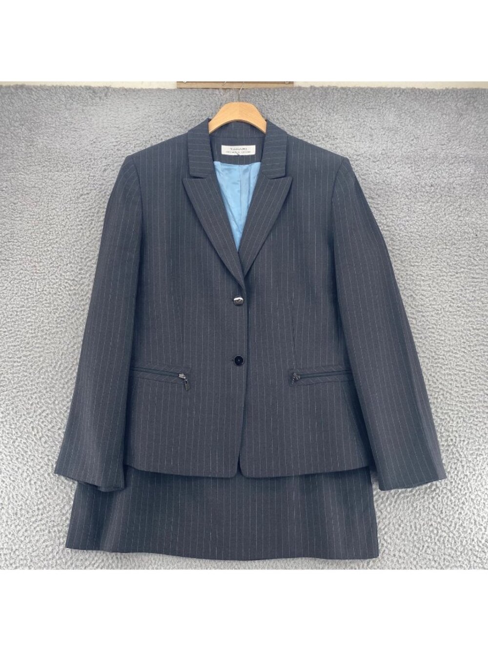 Tahari Suit Set Womens 16 Gray Pin Striped Peak Lapel Blazer Straight Knee Skirt